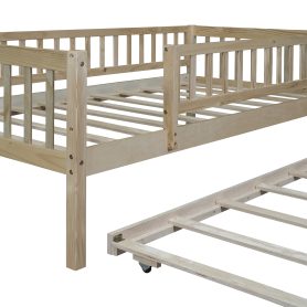 Wood Twin Size Daybed With Trundle And Fence Guardrails