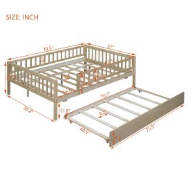 Wood Full Size Daybed With Trundle And Fence Guardrails