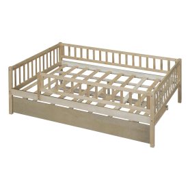 Wood Full Size Daybed With Trundle And Fence Guardrails