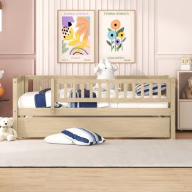 Wood Twin Size Daybed With Trundle And Fence Guardrails