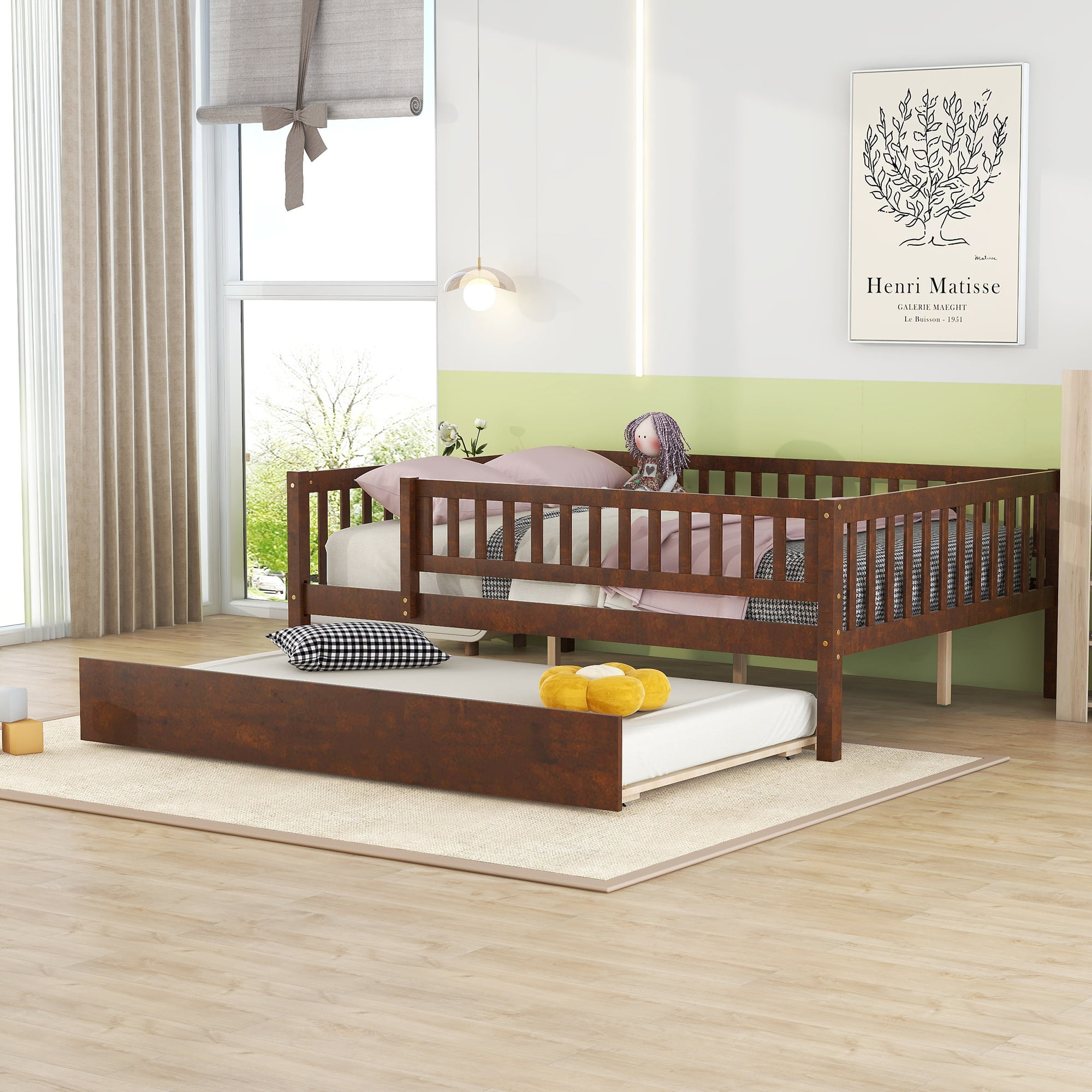 Wood Full Size Daybed With Trundle And Fence Guardrails