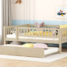 Wood Full Size Daybed With Trundle And Fence Guardrails