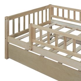 Wood Twin Size Daybed With Trundle And Fence Guardrails