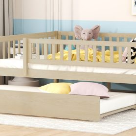 Wood Full Size Daybed With Trundle And Fence Guardrails