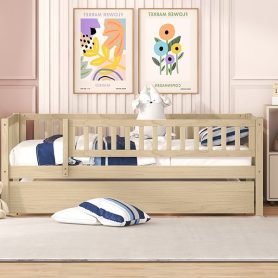 Wood Twin Size Daybed With Trundle And Fence Guardrails