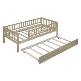 Wood Twin Size Daybed With Trundle And Fence Guardrails