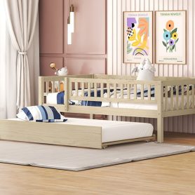 Wood Twin Size Daybed With Trundle And Fence Guardrails