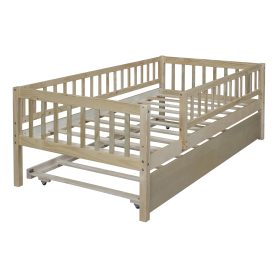 Wood Twin Size Daybed With Trundle And Fence Guardrails