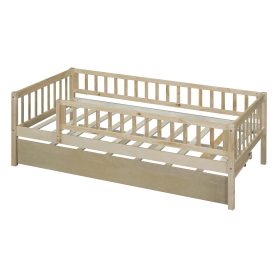 Wood Twin Size Daybed With Trundle And Fence Guardrails