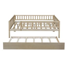 Wood Full Size Daybed With Trundle And Fence Guardrails