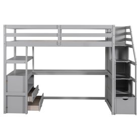 Twin Size Loft Bed With Desk And Shelves, Two Built-in Drawers, Storage Staircase