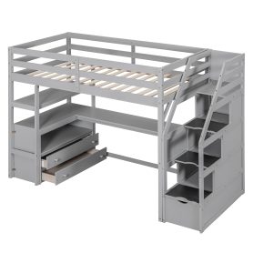 Twin Size Loft Bed With Desk And Shelves, Two Built-in Drawers, Storage Staircase