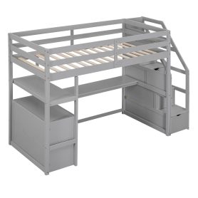 Twin Size Loft Bed With Desk And Shelves, Two Built-in Drawers, Storage Staircase