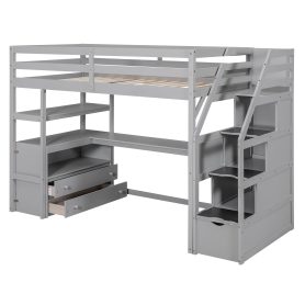 Twin Size Loft Bed With Desk And Shelves, Two Built-in Drawers, Storage Staircase