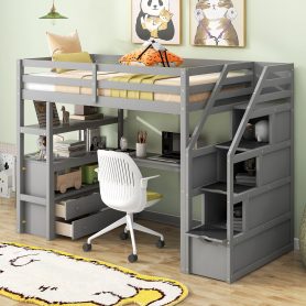 Twin Size Loft Bed With Desk And Shelves, Two Built-in Drawers, Storage Staircase