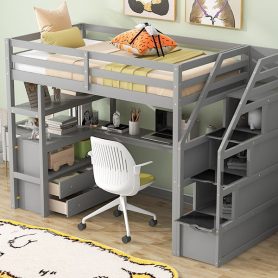 Twin Size Loft Bed With Desk And Shelves, Two Built-in Drawers, Storage Staircase