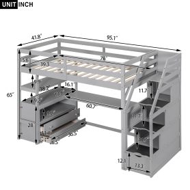 Twin Size Loft Bed With Desk And Shelves, Two Built-in Drawers, Storage Staircase