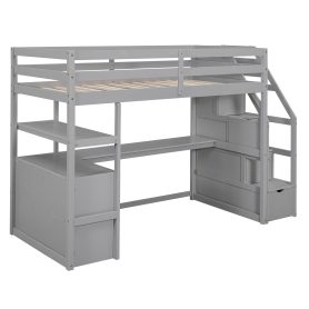 Twin Size Loft Bed With Desk And Shelves, Two Built-in Drawers, Storage Staircase