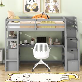 Twin Size Loft Bed With Desk And Shelves, Two Built-in Drawers, Storage Staircase