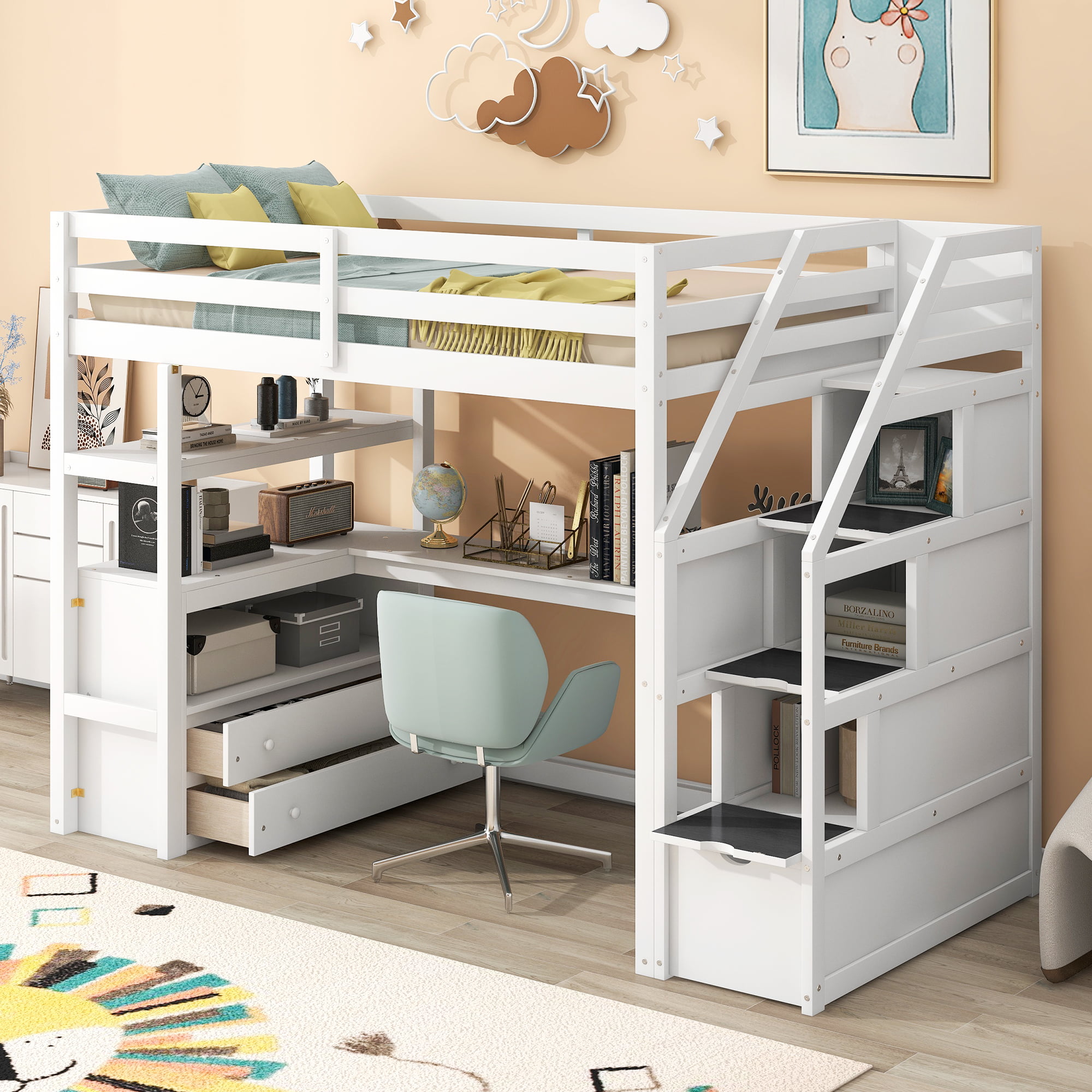 Twin Size Loft Bed With Desk And Shelves, Two Built-in Drawers, Storage Staircase