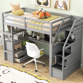 Twin Size Loft Bed With Desk And Shelves, Two Built-in Drawers, Storage Staircase