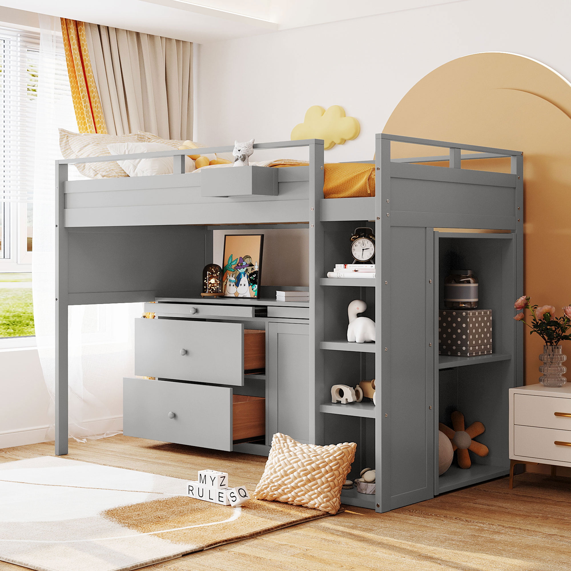 Wooden Twin Size Loft Bed With Rolling Cabinet And Desk