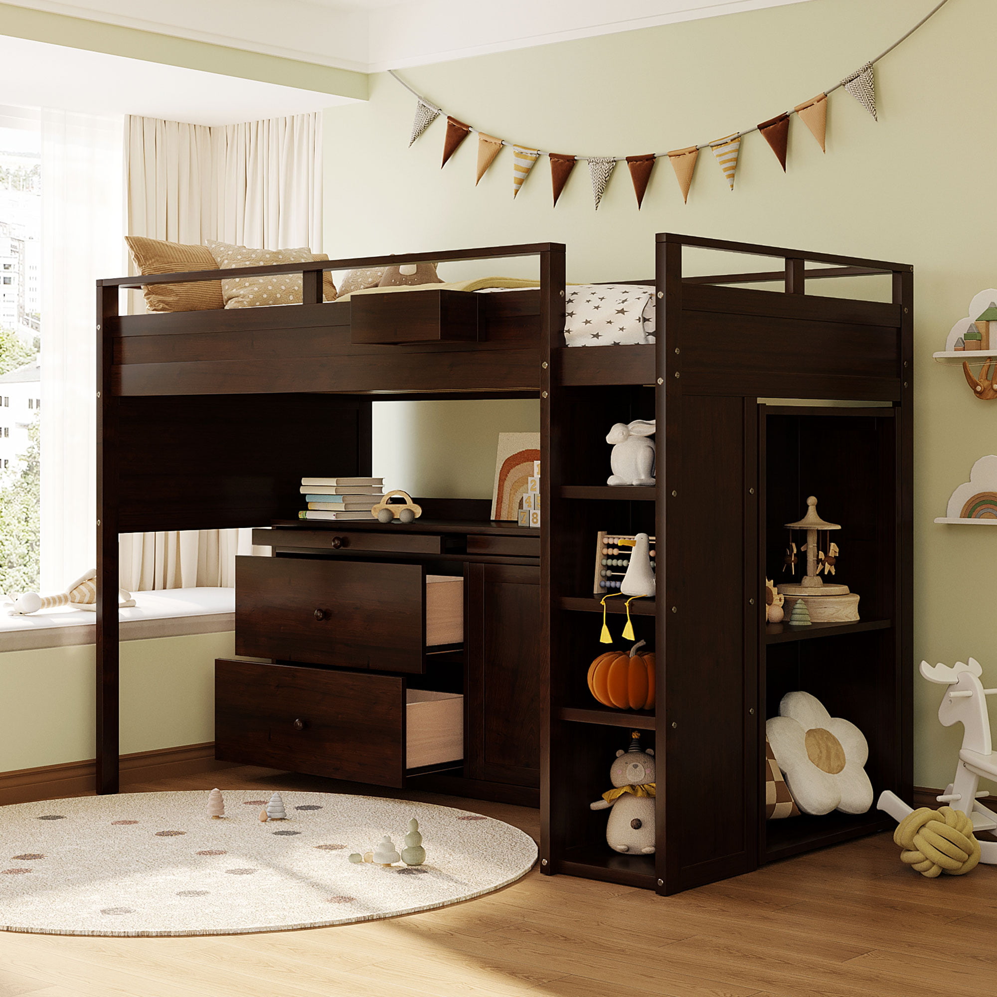 Wooden Twin Size Loft Bed With Rolling Cabinet And Desk