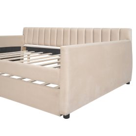 Full Size Upholstered Daybed With Trundle And Wood Slat Support