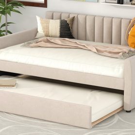 Full Size Upholstered Daybed With Trundle And Wood Slat Support