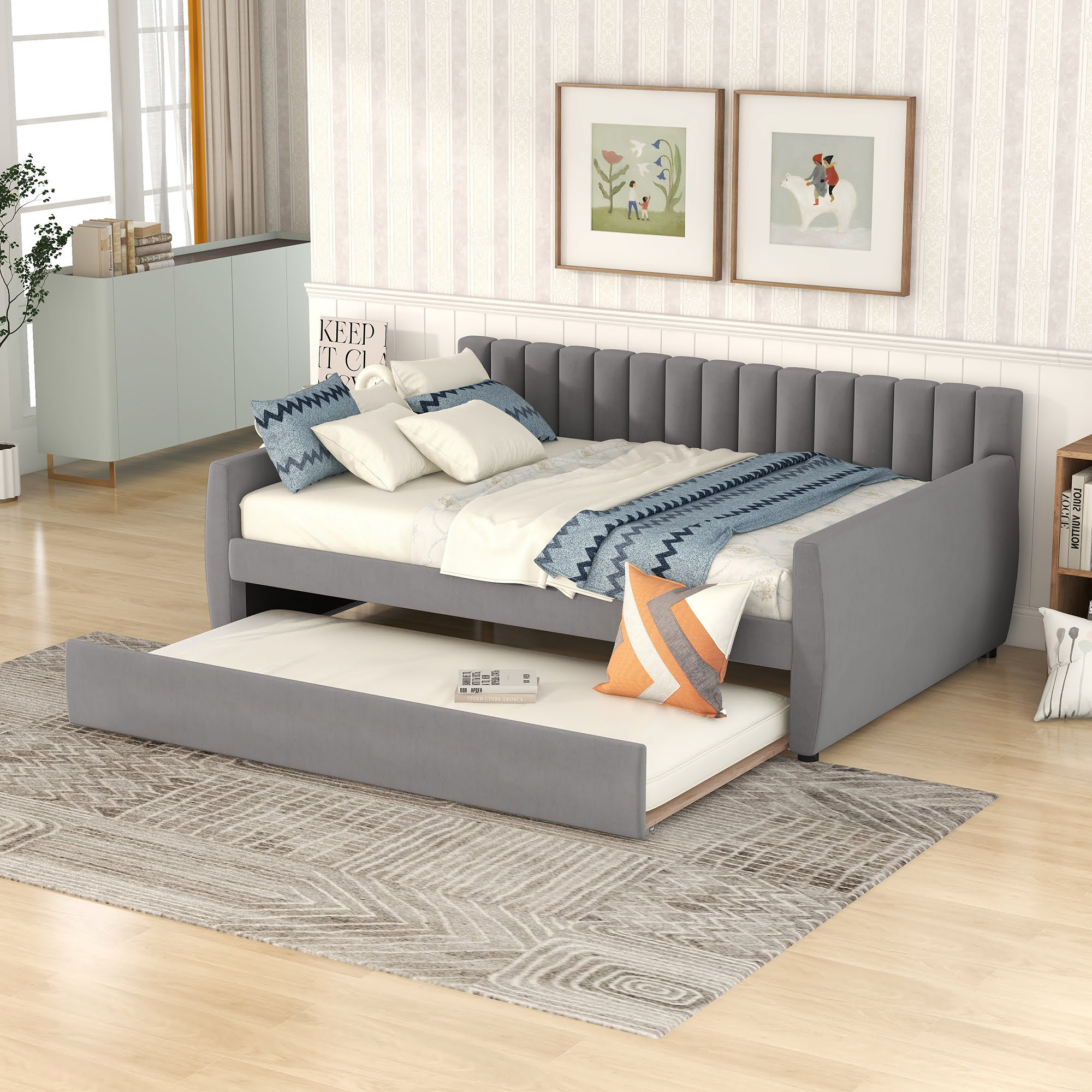 Full Size Upholstered Daybed With Trundle And Wood Slat Support