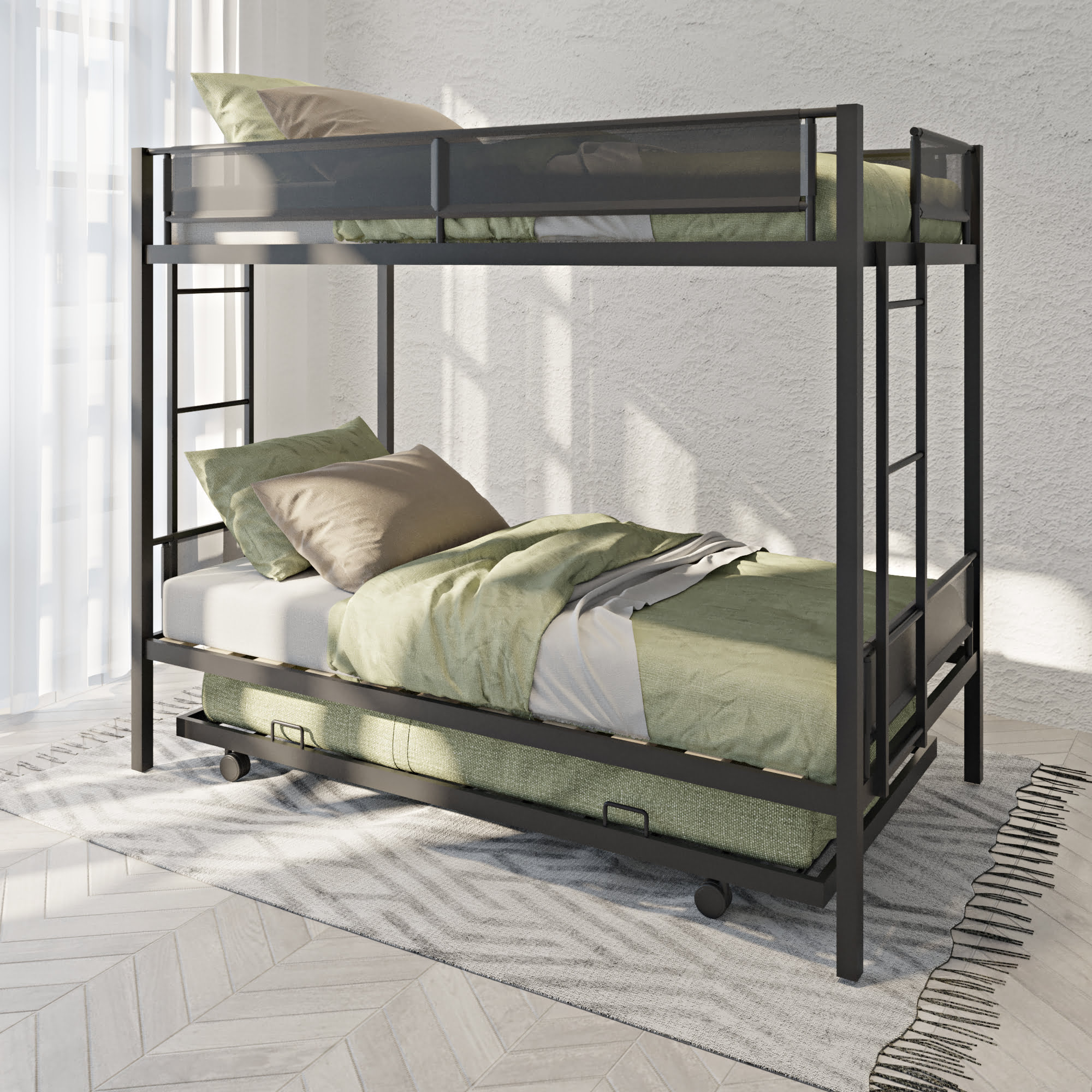 Metal Twin Over Twin Bunk Bed With Trundle and Guard Rail