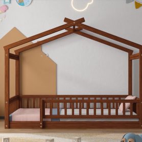 Wooden Twin Size House Bed Frame With Fence