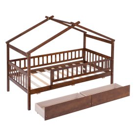 Wooden Twin Size House Bed With Two Drawers