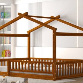 Wooden Full Size House Bed Frame With Fence