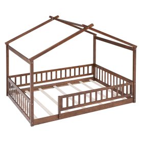 Wooden Full Size House Bed Frame With Fence
