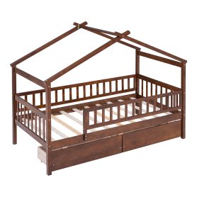 Wooden Twin Size House Bed With Two Drawers