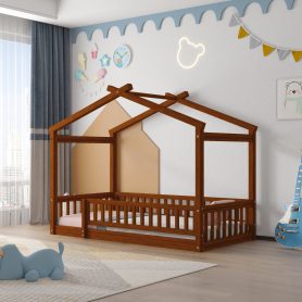 Wooden Twin Size House Bed Frame With Fence