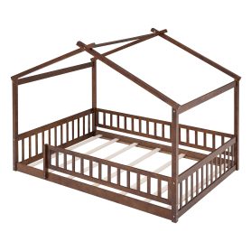 Wooden Full Size House Bed Frame With Fence