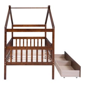 Wooden Twin Size House Bed With Two Drawers