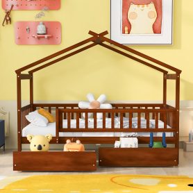 Wooden Twin Size House Bed With Two Drawers