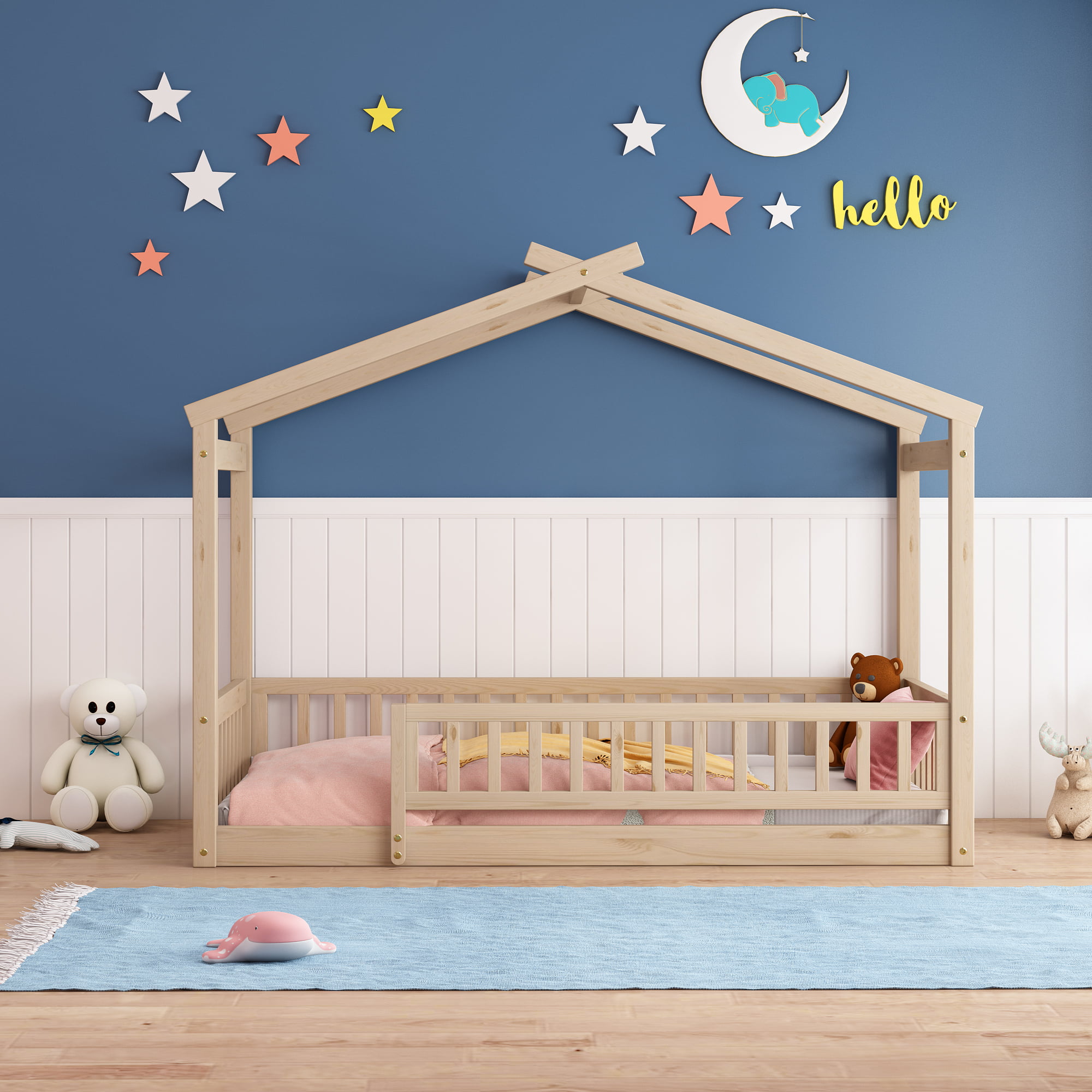 Wooden Twin Size House Bed Frame With Fence