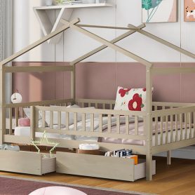 Wooden Full Size House Bed With Two Drawers