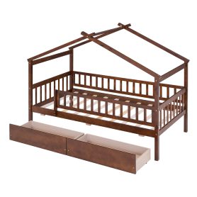 Wooden Twin Size House Bed With Two Drawers