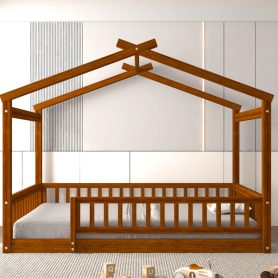 Wooden Full Size House Bed Frame With Fence