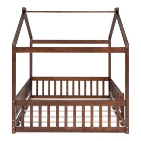 Wooden Full Size House Bed Frame With Fence
