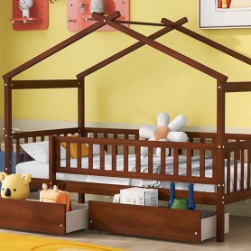 Wooden Twin Size House Bed With Two Drawers