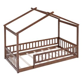 Wooden Twin Size House Bed Frame With Fence