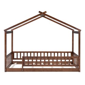 Wooden Twin Size House Bed Frame With Fence