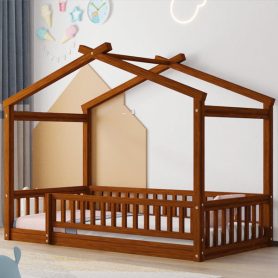 Wooden Twin Size House Bed Frame With Fence