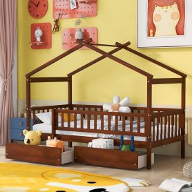 Wooden Twin Size House Bed With Two Drawers